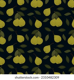 Seamless pattern with pear fruits. Fruit tree branch of pears on dark blue background. Endless texture healthy, fresh and sweet pear. Branch with pears and leaves. Colorful vector illustration