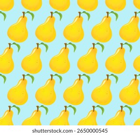seamless pattern with pear and green leaves on a blue background.Close-up, isolated. The design element