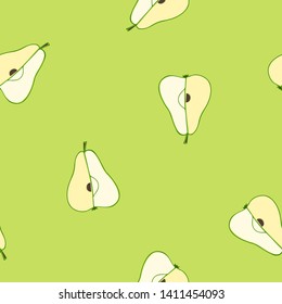 Seamless pattern of pear halves on light green background. Vector illustration