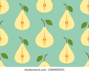 Seamless pattern with pear halves with one leaf. Pear cut in half. Design for printing on fabric, banners and promotional items. Vector illustration