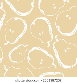seamless pattern with pear halves in sketch style drawn in white lines on yellow background, for various textiles, designs or banners