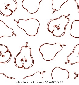 Seamless pattern with pear hand drawn fruits elements. Vegetarian wallpaper. For design packaging, textile, background, design postcards and posters.