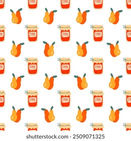 Seamless pattern with  pear Jam, marmalade. Canned pear hand drawn. Jar preserved fruits. Repeated Flat vector for menu, wallpaper, wrapping paper, packing, textile. Farmers market, Vegan food