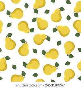 Seamless pattern with pear and leaves on a white background.