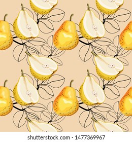 Seamless pattern with pear and leaves. Ripe and juicy pear. Wallpaper, print, wrapping paper, modern textile design. Vector illustration.