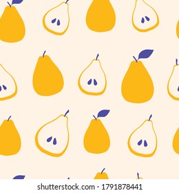 Seamless pattern with pear and leaves. Vector flat background. 