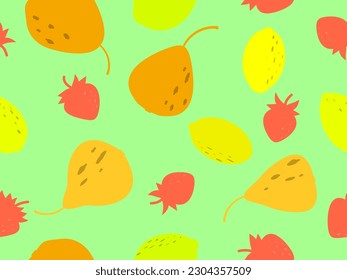 Nahtloses Muster mit Birnen, Zitronen und Erdbeeren im minimalistischen Stil. Tropisches Sommerfruchtmuster. Design für den Druck auf Stoff, Papier und Banner. Vektorgrafik