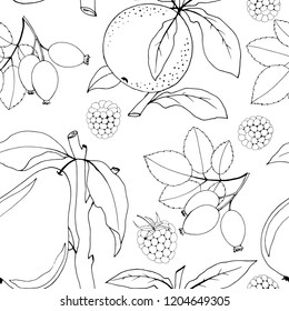 seamless pattern with pear, mandarin, and berries in black and white