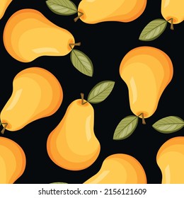 Seamless pattern with pear on black background. Natural delicious fresh ripe tasty fruit. Vector illustration for print, fabric, textile, banner, other design. Stylized pears with leaves. Food concept