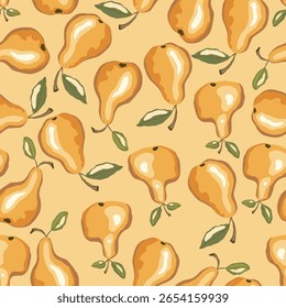 Padrão contínuo com pera no fundo de cor. Natural deliciosa fruta fresca e saborosa. Peras doces com folhas. Conceito alimentar. Ilustração vetorial para impressão, tecido, têxtil.