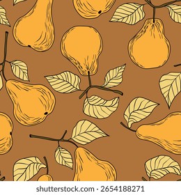 Padrão contínuo com pera no fundo de cor. Natural deliciosa fruta fresca e saborosa. Peras doces com folhas. Conceito alimentar. Ilustração vetorial para impressão, tecido, têxtil.