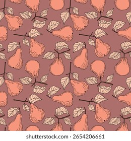 Padrão contínuo com pera no fundo de cor. Natural deliciosa fruta fresca e saborosa. Peras doces com folhas. Conceito alimentar. Ilustração vetorial para impressão, tecido, têxtil.