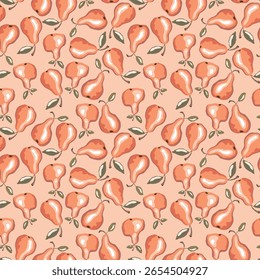 Padrão contínuo com pera no fundo de cor. Natural deliciosa fruta fresca e saborosa. Peras doces com folhas. Conceito alimentar. Ilustração vetorial para impressão, tecido, têxtil.