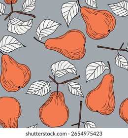 Patrón sin fisuras con pera sobre fondo de color. Natural deliciosa fruta madura sabrosa fresca. Peras dulces con hojas. Concepto de comida. Ilustración vectorial para estampado, tela, textil.