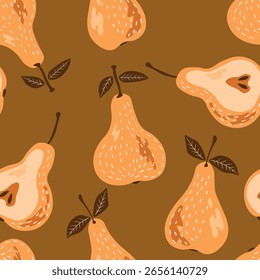 Patrón sin fisuras con pera sobre fondo de color. Natural deliciosa fruta madura sabrosa fresca. Peras dulces con hojas. Concepto de comida. Ilustración vectorial para estampado, tela, textil.