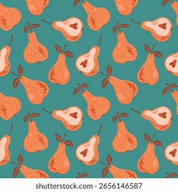 Seamless pattern with pear on color background. Natural delicious fresh ripe tasty fruit. Sweet pears with leaves. Food concept. Vector illustration for print, fabric, textile.