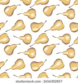 Seamless pattern with pear on color background. Natural delicious fresh ripe tasty fruit. Sweet pears with leaves. Food concept. Vector illustration for print, fabric, textile.
