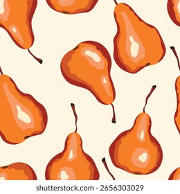 Seamless pattern with pear on color background. Natural delicious fresh ripe tasty fruit. Sweet pears with leaves. Food concept. Vector illustration for print, fabric, textile.