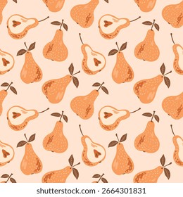 Seamless pattern with pear on color background. Natural delicious fresh ripe tasty fruit. Sweet pears with leaves. Food concept. Vector illustration for print, fabric, textile.