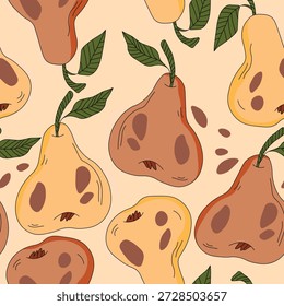 Seamless pattern with pear on color background. Natural delicious fresh ripe tasty fruit. Sweet pears with leaves. Food concept. Vector illustration for print, fabric, textile.