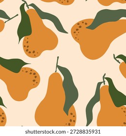 Padrão contínuo com pera no fundo de cor. Natural deliciosa fruta fresca e saborosa. Peras doces com folhas. Conceito alimentar. Ilustração vetorial para impressão, tecido, têxtil.