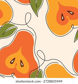 Padrão contínuo com pera no fundo de cor. Natural deliciosa fruta fresca e saborosa. Peras doces com folhas. Conceito alimentar. Ilustração vetorial para impressão, tecido, têxtil.