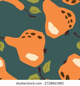 Padrão contínuo com pera no fundo de cor. Natural deliciosa fruta fresca e saborosa. Peras doces com folhas. Conceito alimentar. Ilustração vetorial para impressão, tecido, têxtil.