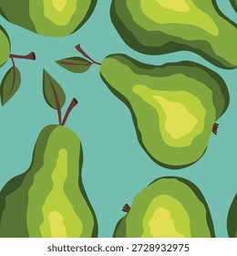 Padrão contínuo com pera no fundo de cor. Natural deliciosa fruta fresca e saborosa. Peras doces com folhas. Conceito alimentar. Ilustração vetorial para impressão, tecido, têxtil.