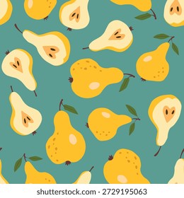Seamless pattern with pear on color background. Natural delicious fresh ripe tasty fruit. Sweet pears with leaves. Food concept. Vector illustration for print, fabric, textile.