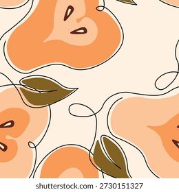 Patrón sin fisuras con pera sobre fondo de color. Natural deliciosa fruta fresca madura sabrosa. Dulces peras con hojas. Concepto de comida. Ilustración vectorial para estampado, tela, textil.