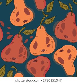 Patrón sin fisuras con pera sobre fondo de color. Natural deliciosa fruta fresca madura sabrosa. Dulces peras con hojas. Concepto de comida. Ilustración vectorial para estampado, tela, textil.