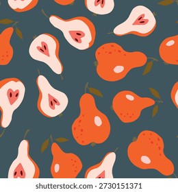 Patrón sin fisuras con pera sobre fondo de color. Natural deliciosa fruta fresca madura sabrosa. Dulces peras con hojas. Concepto de comida. Ilustración vectorial para estampado, tela, textil.