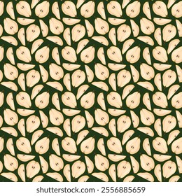 Seamless pattern with pear on green background. Fruit background. Wrapping paper, gift card, poster, banner design. Home decor, modern textile print. Summer bright geometric fruits patterned.