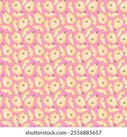 Seamless pattern with pear on pink background. Fruit background. Wrapping paper, gift card, poster, banner design. Home decor, modern textile print. Summer bright geometric fruits patterned.