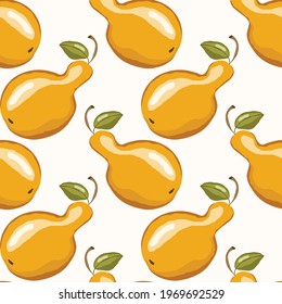 Seamless pattern with pear on white background. Natural delicious fresh ripe tasty fruit. Vector illustration for print, fabric, textile, banner, other design. Stylized pears with leaves. Food concept
