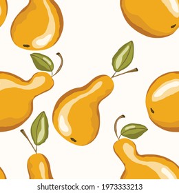 Seamless pattern with pear on white background. Natural delicious fresh ripe tasty fruit. Vector illustration for print, fabric, textile, banner, other design. Stylized pears with leaves. Food concept