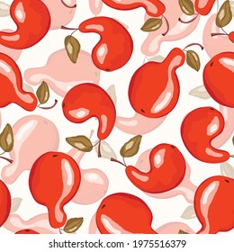 Seamless pattern with pear on white background. Natural delicious fresh ripe tasty fruit. Vector illustration for print, fabric, textile, banner, other design. Stylized pears with leaves. Food concept