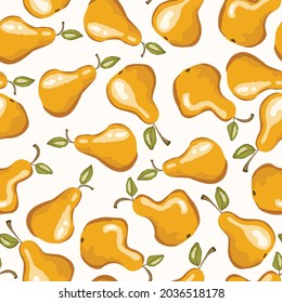 Seamless pattern with pear on white background. Natural delicious fresh ripe tasty fruit. Vector illustration for print, fabric, textile, banner, other design. Stylized pears with leaves. Food concept