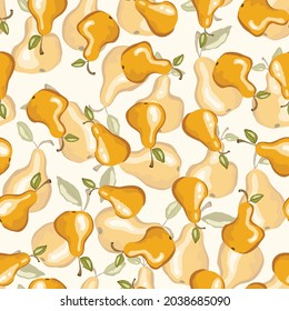 Seamless pattern with pear on white background. Natural delicious fresh ripe tasty fruit. Vector illustration for print, fabric, textile, banner, other design. Stylized pears with leaves. Food concept