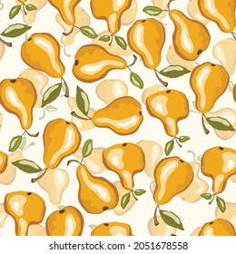Patrón sin foco con pera sobre fondo blanco. Sabrosa fruta fresca fresca y fresca. Ilustración vectorial para impresión, tela, textil, banner, otro diseño. Peras estilizadas con hojas. Concepto de alimentación