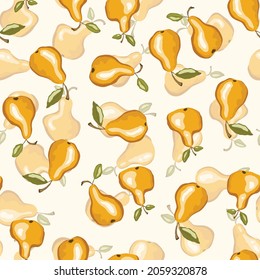 Patrón sin foco con pera sobre fondo blanco. Sabrosa fruta fresca fresca y fresca. Ilustración vectorial para impresión, tela, textil, banner, otro diseño. Peras estilizadas con hojas. Concepto de alimentación