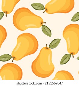 Seamless pattern with pear on white background. Natural delicious fresh ripe tasty fruit. Vector illustration for print, fabric, textile, banner, other design. Stylized pears with leaves. Food concept