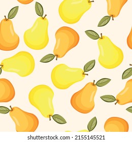 Seamless pattern with pear on white background. Natural delicious fresh ripe tasty fruit. Vector illustration for print, fabric, textile, banner, other design. Stylized pears with leaves. Food concept