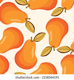 Seamless pattern with pear on white background. Natural delicious fresh ripe tasty fruit. Vector illustration for print, fabric, textile, banner, other design. Stylized pears with leaves. Food concept