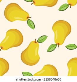 Seamless pattern with pear on white background. Natural delicious fresh ripe tasty fruit. Vector illustration for print, fabric, textile, banner, other design. Stylized pears with leaves. Food concept