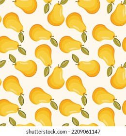 Seamless pattern with pear on white background. Natural delicious fresh ripe tasty fruit. Vector illustration for print, fabric, textile, banner, other design. Stylized pears with leaves. Food concept