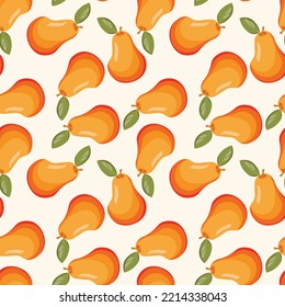Seamless pattern with pear on white background. Natural delicious fresh ripe tasty fruit. Vector illustration for print, fabric, textile, banner, other design. Stylized pears with leaves. Food concept