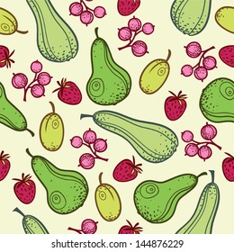 Seamless pattern with pear, plum, gooseberry and strawberry. Fruit and berry vector background.