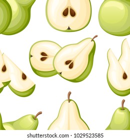Seamless pattern of pear and slices of pears. Vector illustration of pears. Vector illustration for decorative poster, emblem natural product, farmers market. Website page and mobile app design.