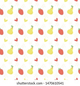 Seamless pattern with pear and strawberry on a white background. Vector illustration.